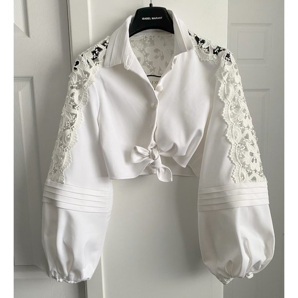 Alexis White Cropped Lace Inset Shirt, size Small. - Picture 6 of 14